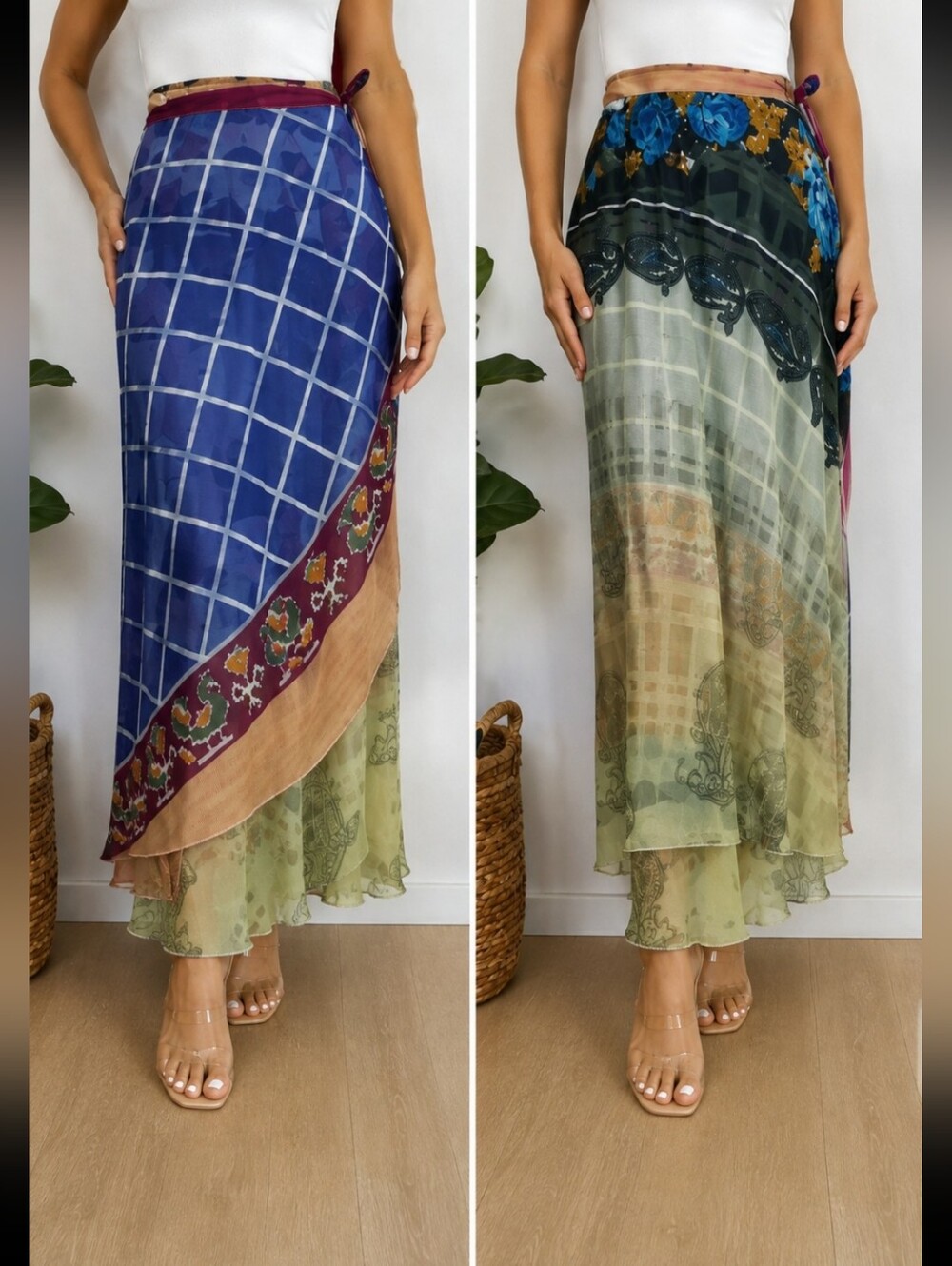 Patchwork High-Low Wrap Skirt in Blue and Olive
